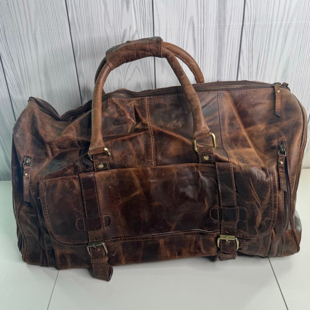 Vintage 90’s Brown Leather Weekender Duffle Patchwork Bag 20”x10”x10” Logo/Name